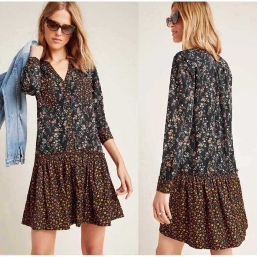 Anthropologie Maeve Marlie Floral Button Front Mini Dress Boho Prairie Size 2P